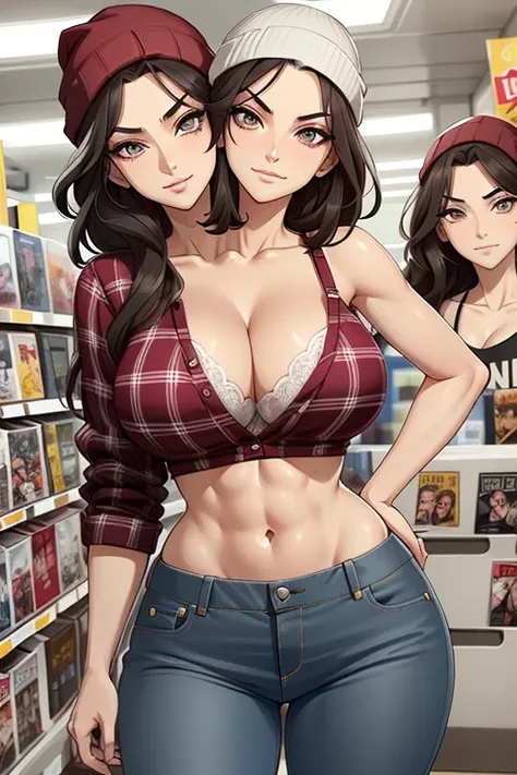 2heads, tall skinny woman with 2 heads. At a comic store. Short messy maroon hair. Wearing a beanie. Wearing unbuttoned open plaid flannel shirt, bra underneath. Wearing jeans. Mature, womanly. Thick thighs, wide hips. Wearing eyeliner, baggy tired eyes. M...