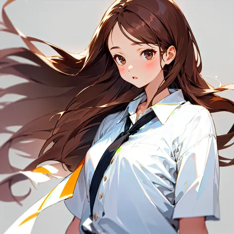 One girl、Simple whiteＴshirt、Hairstyle: Long, straight brown hair、The composition is upper body up、No background