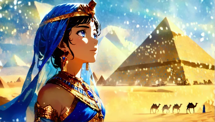 score 9, source anime, from side, wide shot, a young gay princess in egyptian style gorgeous dress, looking up at the pyramids, one hand up, clear blue sky, Very strong sunlight, endless desert, A line of camel caravan in the distance, hyper detailed, cine...