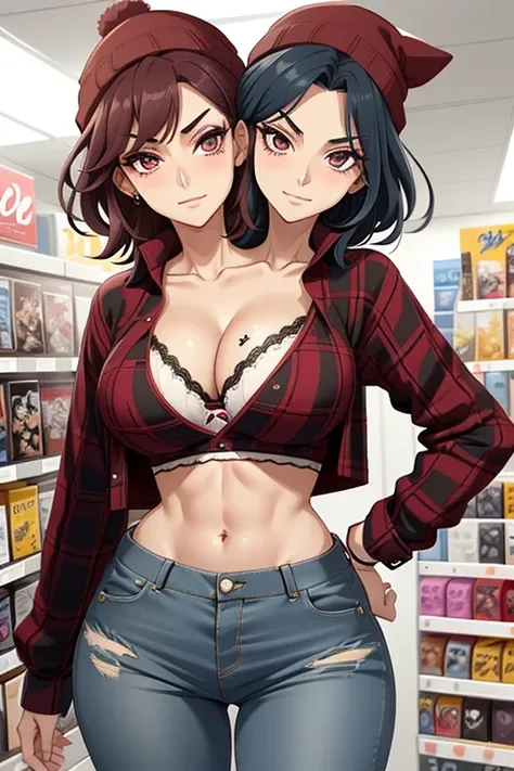 2heads, tall skinny woman with 2 heads. At an anime store. Short messy maroon hair. Wearing a beanie. Wearing unbuttoned open plaid flannel shirt, bra underneath. Wearing jeans. Mature, womanly. Thick thighs, wide hips. Wearing eyeliner, baggy tired eyes. ...