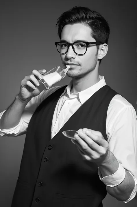 Man with glasses, black and white portrait, holding milk in hand