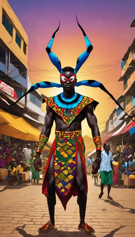 ghana superhero A giant colorful spider with extraordinary intelligence, wearing traditional Ghanaian clothing with intricate kente patterns. Background: A bustling market in Accra, Ghana, with traditional music and energetic dancing.