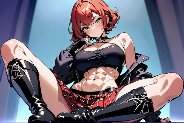 woman, curly red pixie cut hair, green eyes, wearing crop top black shirt, long black jacket, red plaid skirt, (black knee high boots), black fingerless gloves, exposed shoulders, large breasts, freckles, cleavage, abs, looking at viewer, masterpiece, best...