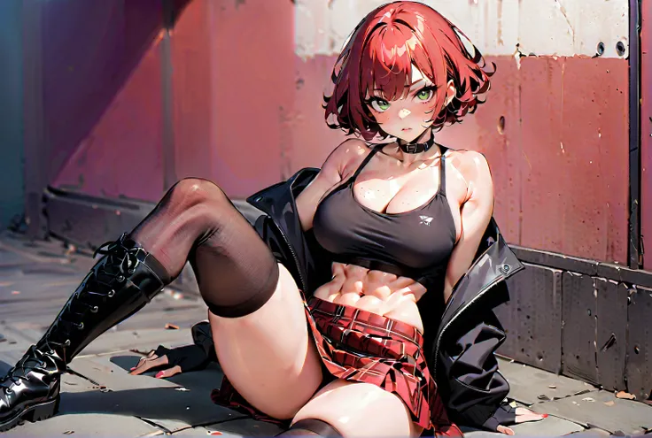 woman, curly red pixie cut hair, green eyes, wearing crop top black shirt, long black jacket, red plaid skirt, (black knee high boots), black fingerless gloves, exposed shoulders, large breasts, freckles, cleavage, abs, looking at viewer, masterpiece, best...