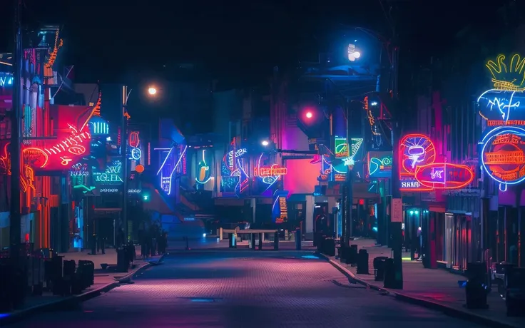 brightly lit neon lights on city streets at night, neon street, neon lights everywhere, neon streetlights, colored neons, city m...