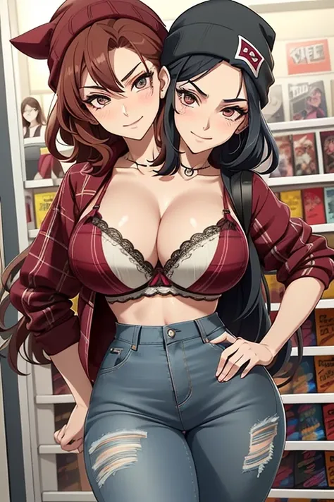 2heads, tall skinny woman with 2 heads. At an anime store. Short messy maroon hair. Wearing a beanie. Wearing unbuttoned open plaid flannel shirt, bra underneath. Wearing jeans. Mature, womanly. Thick thighs, wide hips. Wearing eyeliner, baggy tired eyes. ...