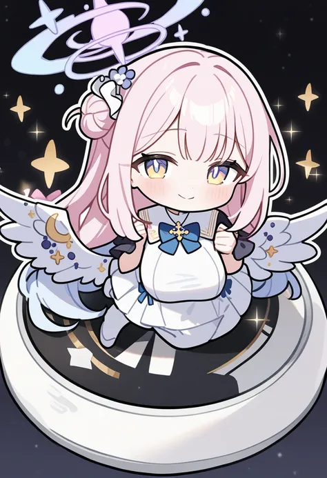 1Girl,mika (blue archive) , blue archive, smile , pink hair, big breasts, wings, halo, looking at viewer, black background,masterpiece, aesthetic, newest, white outline,chibi,full body, sparkle,ster
