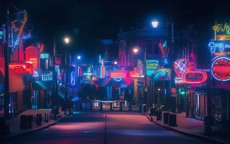 brightly lit neon lights on city streets at night, neon street, neon lights everywhere, neon streetlights, colored neons, city m...