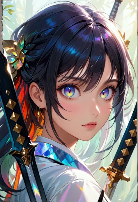 (masterpiece), best quality, expressive eyes, perfect face, Girl,long dark iridescent hair, iridescent eyes, small waist, small , large thighs,holding two swords, looking majestic