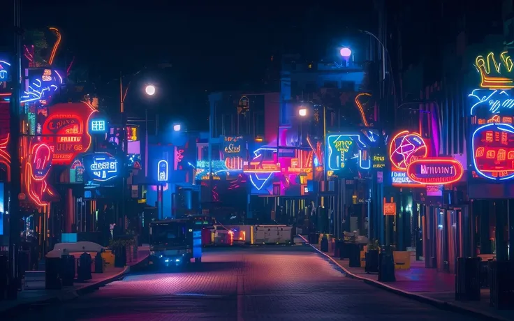 brightly lit neon lights on city streets at night, neon street, neon lights everywhere, neon streetlights, colored neons, city m...