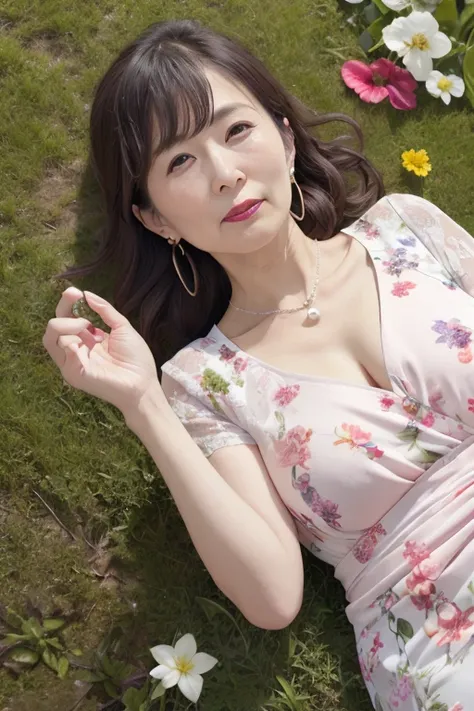 Beautiful mature Japanese woman aged 55, Long eyelashes, Super long hair, Red lipstick, Pink Cheeks, Pearl Necklace, Earrings, Dark eyeshadow, Cleavage, Floral dress, grassland, Lying on pasture, Sleep on your back, Reaching out, (Full Body Focus)