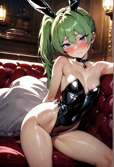 NSFW,masterpiece,Highest quality,High resolution,Super detailed,Uber(Funeral of Frieren),Green Hair、bangs、Hair between the eyes、Side Ponytail、Purple Eyes、choker、Playboy Bunny,clavicle,Embarrassed,blush,Luxurious Room,pub,Private room,sofa,heart,Sexy pose,(...