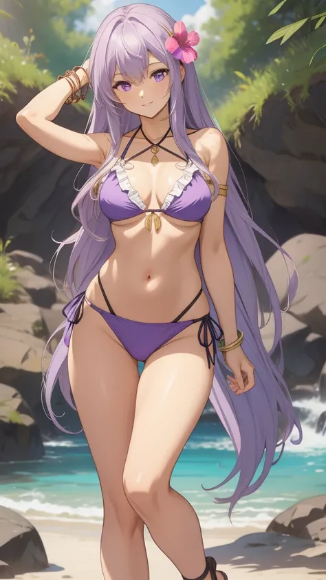 masterpiece, best quality, 1 solo girl, light purple hair, light purple eyes, long hair, medium breasts, sexy body and face, wavy hair, smile, parted lips, bikini, red bikini skirt, navel, sandals, cleavage, collarbone, bare shoulders, jewelry, bracelet, b...