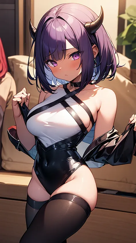 ((masterpiece)), (Highest quality、32k), (Simple style), hentai, Dark skinned slutty girl,Lewd,Completely naked,favorite,cute,Sexual Desire Ghost, Big Breasts,Purple Hair,Bobcut, Bounce and shake wildly,SBreast shaking,Off-the-shoulder sleeveless one piece ...