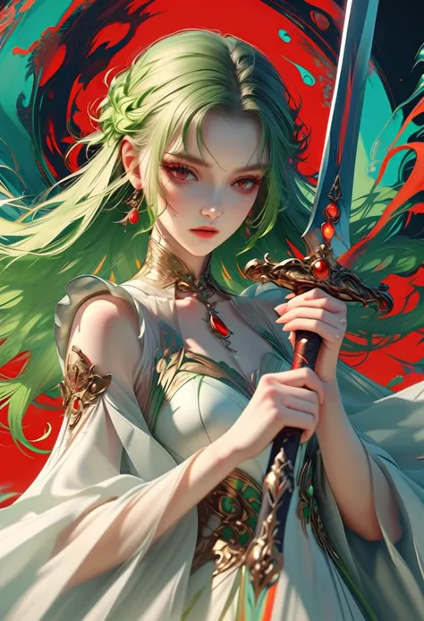 style3,holding a sword with both hands,1girl, green hair, red highlights, ethereal, elegant 