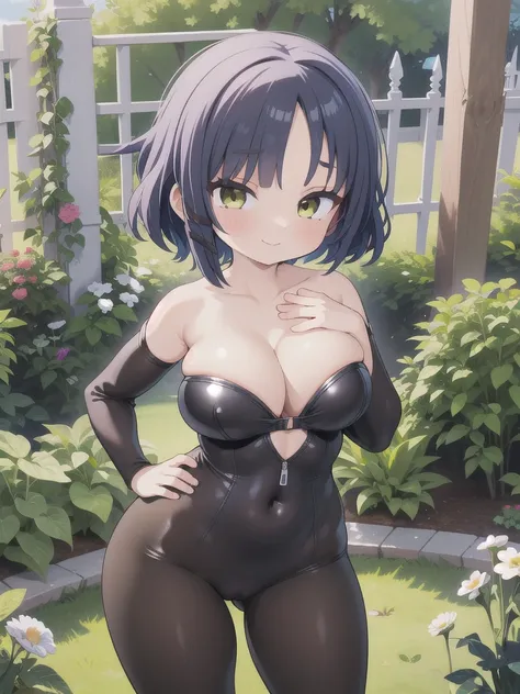 master-piece, bestquality, 1girls,16 years old, View viewers from front, HD, slight smile, massive tits, cleavage, under , tights cloth, , tiny body, under tits cleavage, look down, wide hips, yamadaryou, sexy suit, garden,