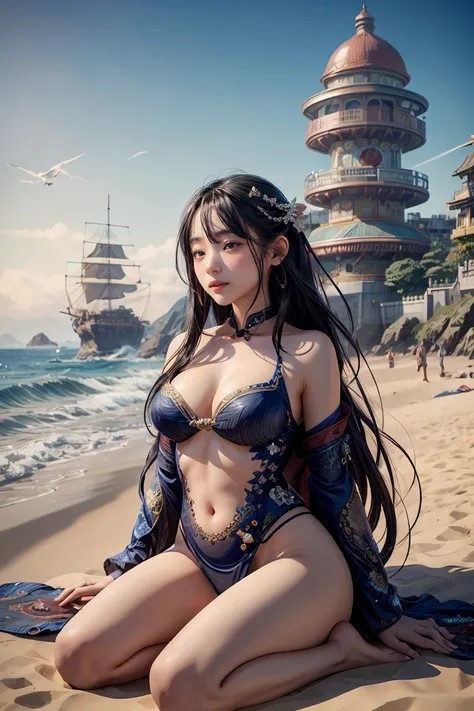 there is a woman sitting on the beach with a clock, queen of the sea mu yanling, beautiful digital artwork, 4k highly detailed digital art, a beautiful fantasy empress, 8k high quality detailed art, fantasy beautiful, by Yang J, beautiful gorgeous digital ...