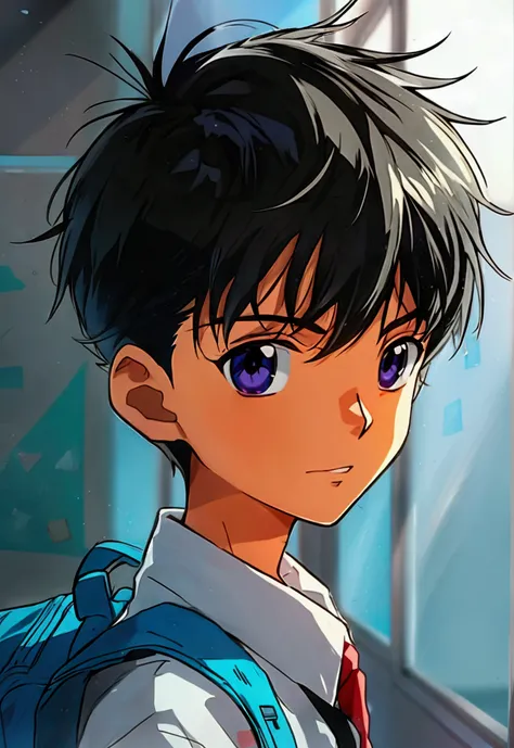 Anime boy with black hair and purple eyes in school with a blue backpack 