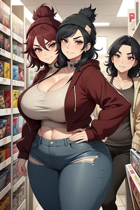 2heads, tall chubby woman with 2 heads. At a video game store. Short messy maroon hair. Wearing a beanie. Wearing unbuttoned open hoodie, bra underneath. Wearing jeans. Mature, womanly. Thick thighs, wide hips. Wearing eyeliner, baggy tired eyes. Many tatt...