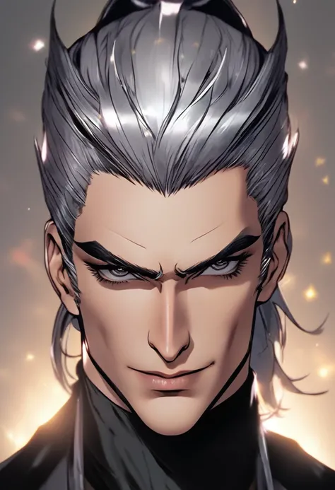 30 year old male villain character, rough face, serious, with a slight smile on his face, dim eyes, shading in eyes and dark circles, silver hair with a ponytail and a hair clip that covers the right half of her face. Wear a villain suit, with cape. He wea...