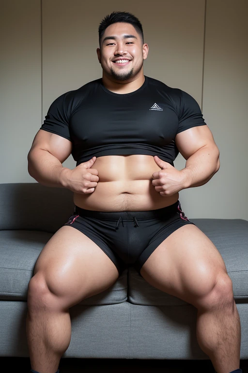 ((highest quality)), ((masterpiece)), (detailed), ((Perfect Face)), 4k, Shaved head, Young Japanese, Muscular, Fat body, Very big man, smile, ((showing off crotch))A large Japanese man topless、whole body、Rugby、Thick legs、Thick arm muscles、Intimidating、whol...