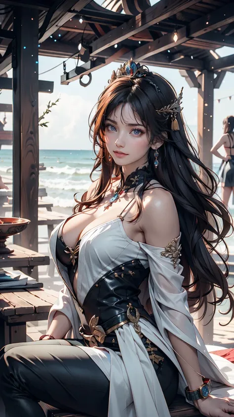 There is a woman sitting on the beach holding a watch, Queen of the Sea Mu Yanling, Beautiful digital art, Highly detailed digital art in 4K, Beautiful Fantasy Empress, 8k high quality detailed art, Fantasy Beautiful, Jan J, Beautiful and gorgeous digital ...