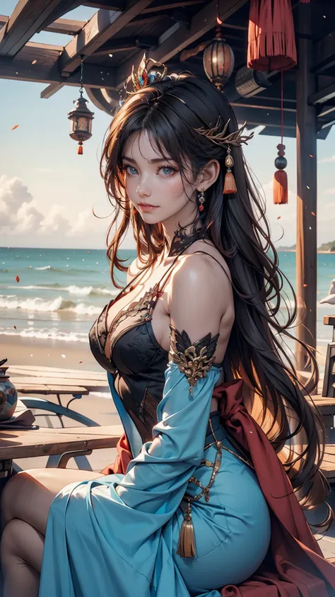 There is a woman sitting on the beach holding a watch, Queen of the Sea Mu Yanling, Beautiful digital art, Highly detailed digital art in 4K, Beautiful Fantasy Empress, 8k high quality detailed art, Fantasy Beautiful, Jan J, Beautiful and gorgeous digital ...