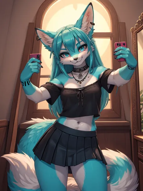 miku hatsune, add high definition_detail:1, blue fur,kitsune ears, tribal tattoo add_detail:1, she takes a selfie in front of th...