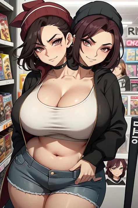 2heads, tall chubby woman with 2 heads. At a video game store. Short messy maroon hair. Wearing a beanie. Wearing unbuttoned open hoodie, bra underneath. Wearing jeans. Mature, womanly. Thick thighs, wide hips. Wearing eyeliner, baggy tired eyes. Many tatt...