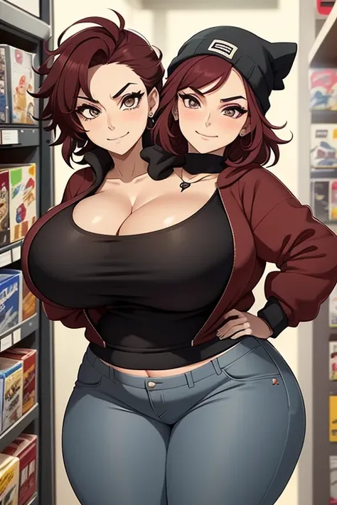 2heads, tall chubby woman with 2 heads. At a video game store. Short messy maroon hair. Wearing a beanie. Wearing unbuttoned open hoodie, bra underneath. Wearing jeans. Mature, womanly. Thick thighs, wide hips. Wearing eyeliner, baggy tired eyes. Many tatt...