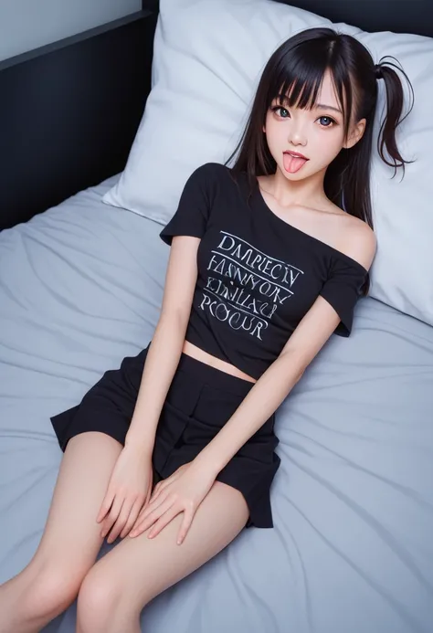 pastel colors colors t-shirt,off-shoulder look,bare shoulder,ollarbone,midriff peek,Tight mini skirt,(open mouth:1.5),(tongue out:2),lying,arms between legs,overhead shot,front view,face focus,(1girl,Beautiful 14 year old girl),((Slender,Small breasts,Smal...