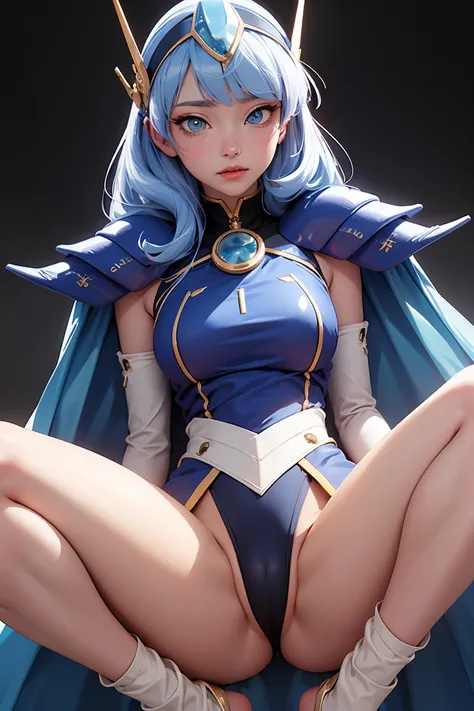 fancy,1girl Umi Ryuuzaki Headgear with Hair Band, blue armor shoulder armor blue cape elbow gloves leotard white socks,camel toe,work of art,noise reduction,Perfect Anatomia,high resolution, ultra detali,CG game,dutch angle ,beautiful detailed eyes,visual ...