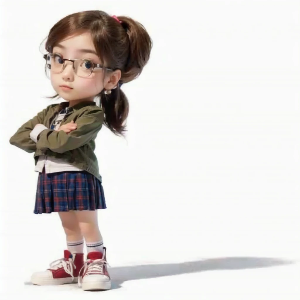 girl, red and blue skirt, glasses standing with her arms crossed