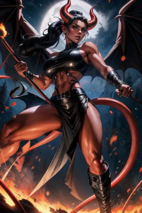 Red skin succubus tiefling, medium breasts, black horns, wings, huge tail, black leather, crop top, long flowing pelvic curtain, tall, toned, graceful, thin, long black ponytail. Action scene, whip. Dark scene, explosions, night sky.