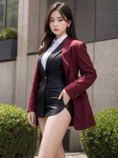 The most beautiful actresses in the world, she is a 19 year old woman, Perfect body proportions for this girl in a tight skirt suit, The only exposed skin on this woman is below the crotch, The blazer is worn over a formal shirt that exposes her large brea...