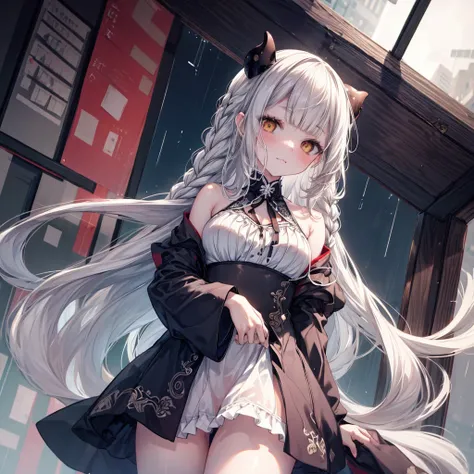 ((Highest quality)), ((masterpiece)), ((detailed)), (nsfw), 1ghost girl, 独奏, pale skin, silver hair, long hair, large breasts, white sundress, pantyless, pussy, spread legs, yellow eyes, (sad), sad smile, aroused, rain, (wet), (see through), night town, (l...