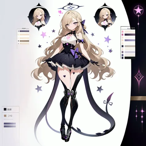 Woman 170cm tall, medium chest, wide hip, slim build. (((character design sheet: Full body front view))). (blonde hair, (hip-length wavy hair with asymmetrical bangs), She has a short braid tied with an elegant purple bow on the left side of her hair above...