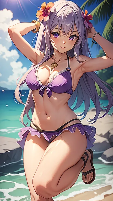 masterpiece, best quality, 1 solo girl, light purple hair, light purple eyes, long hair, medium breasts, sexy body and face, wavy hair, smile, parted lips, bikini, red bikini skirt, navel, sandals, cleavage, collarbone, bare shoulders, jewelry, bracelet, b...