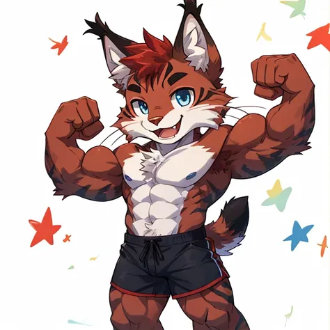 (furry lynx cat)​, (chibi), (black fur), (summer shorts outfit)​, cute, (blue eyes), (red chest fluff), (red eyebrows), (black t...