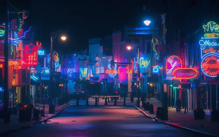 brightly lit neon lights on city streets at night, neon street, neon lights everywhere, neon streetlights, colored neons, city m...