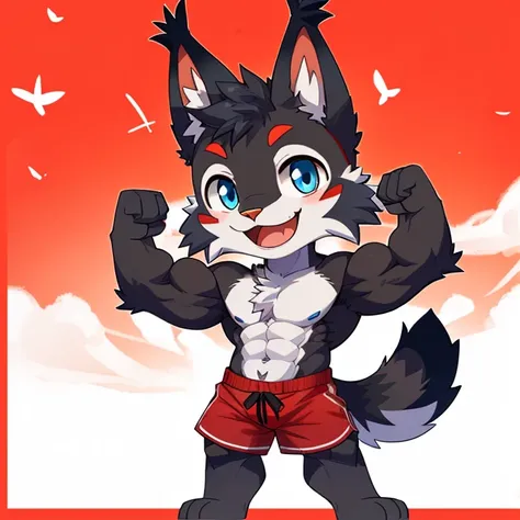 (furry lynx cat)​, (chibi), (black fur), (summer shorts outfit)​, cute, (blue eyes), (red chest fluff), (red eyebrows), (black t...