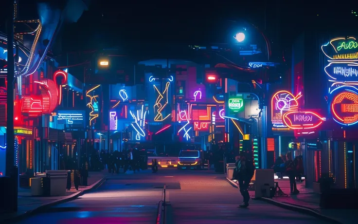 brightly lit neon lights on city streets at night, neon street, neon lights everywhere, neon streetlights, colored neons, city m...