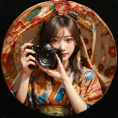 arafed woman in kimono holding a camera and taking a picture, a mix of anime style and fujifilm, photograph portrait 4 k, photog...