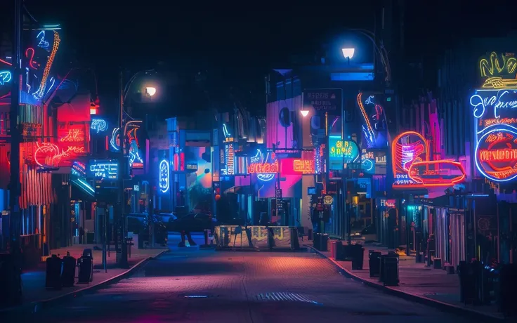 brightly lit neon lights on city streets at night, neon street, neon lights everywhere, neon streetlights, colored neons, city m...