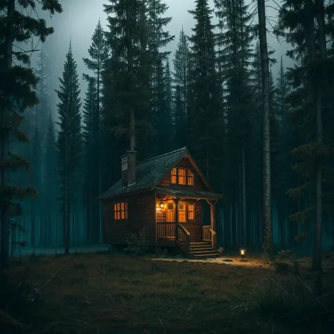 ultra-realistic small house in a dark ominous scene in the forest, dense fog in the background, dynamic angle, volumetric lighti...