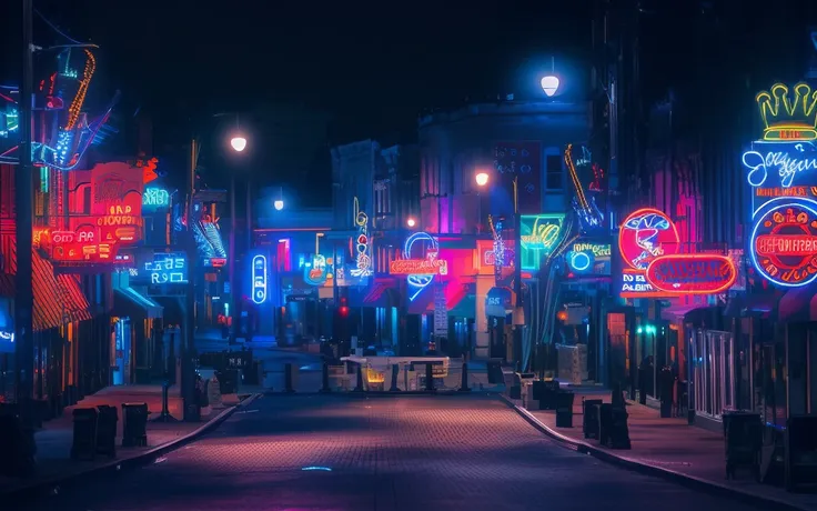 brightly lit neon lights on city streets at night, neon street, neon lights everywhere, neon streetlights, colored neons, city m...