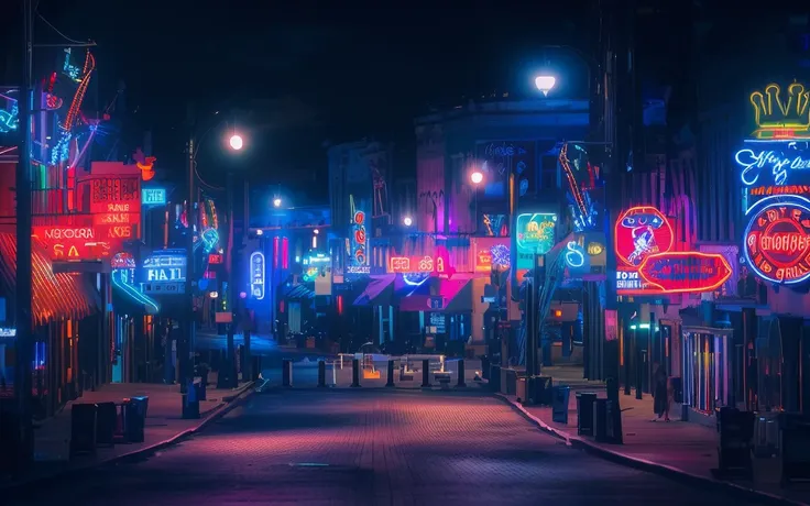 brightly lit neon lights on city streets at night, neon street, neon lights everywhere, neon streetlights, colored neons, city m...