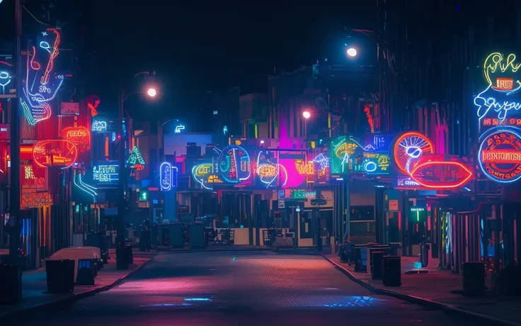 brightly lit neon lights on city streets at night, neon street, neon lights everywhere, neon streetlights, colored neons, city m...