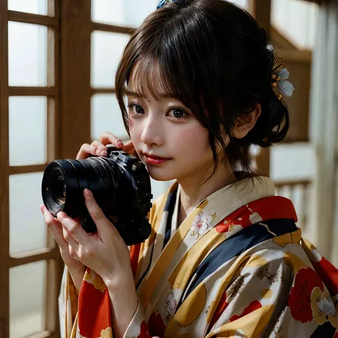 arafed woman in kimono holding a camera and taking a picture, a mix of anime style and fujifilm, photograph portrait 4 k, photog...