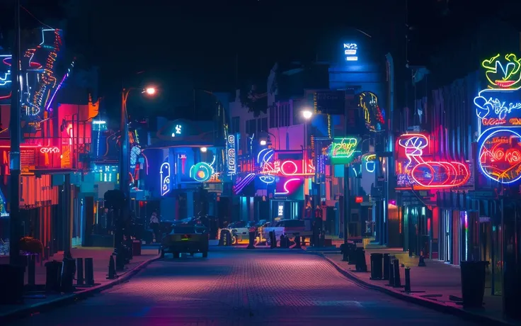 brightly lit neon lights on city streets at night, neon street, neon lights everywhere, neon streetlights, colored neons, city m...